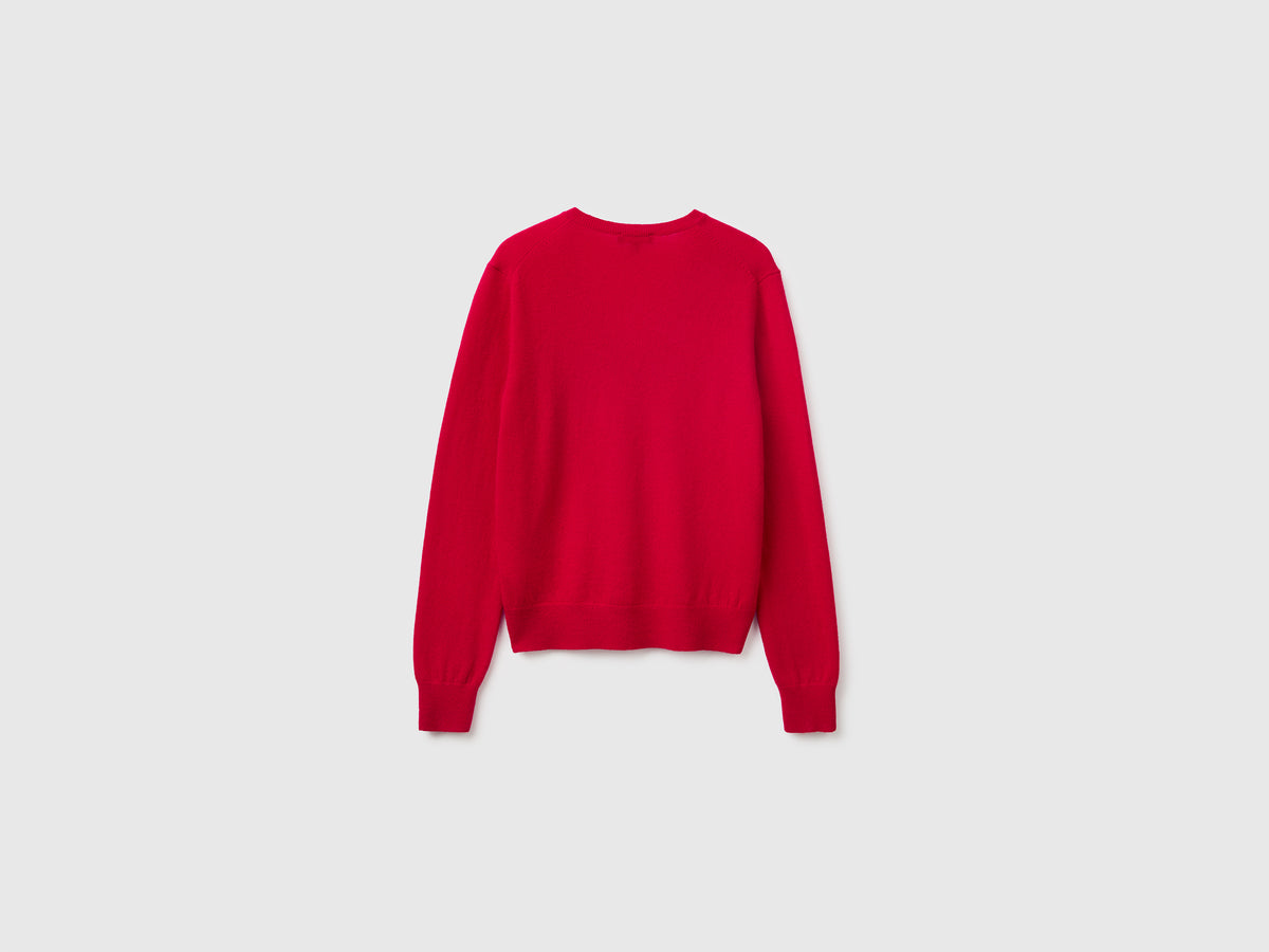 Camisola decote em V vermelho-ameixa em pura lã Merino - ucb_image_BS