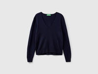 Camisola azul-escuro com decote em V em pura lã Merino - ucb_image_FS