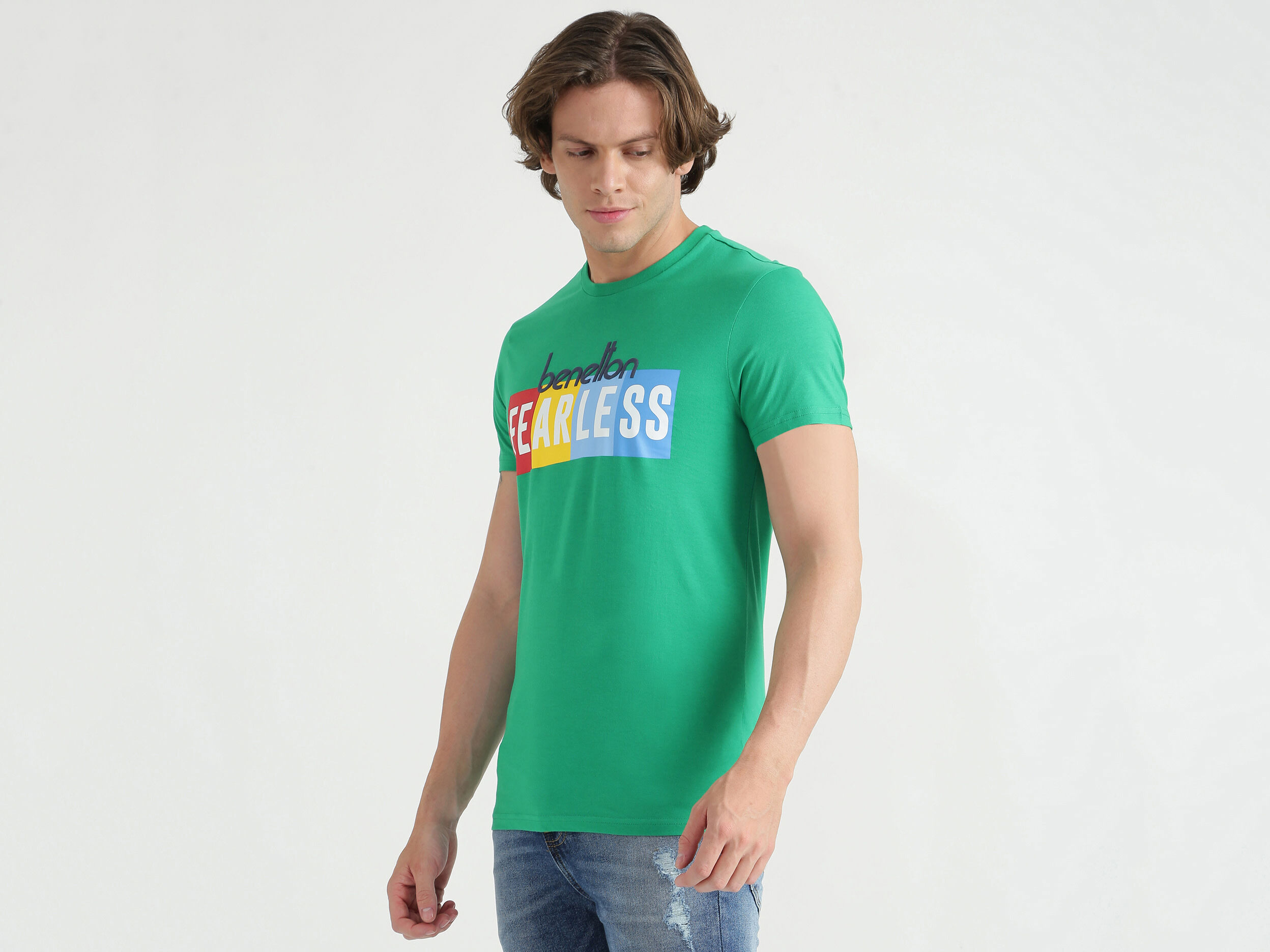 Short Sleeve Printed Round Neck T-Shirt - Verde | Benetton