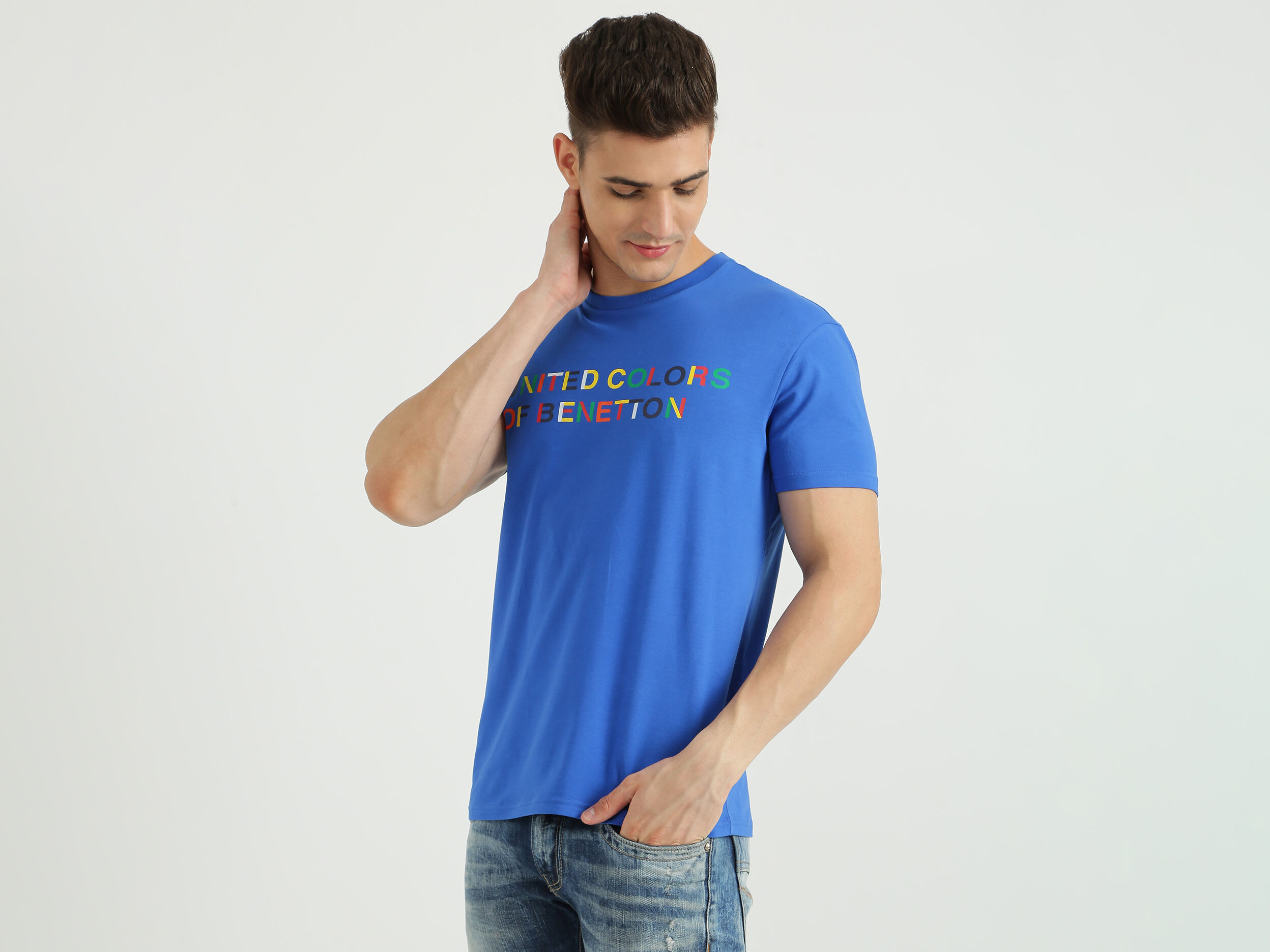 Mens Short Sleeve Printed T-Shirt - Azul | Benetton
