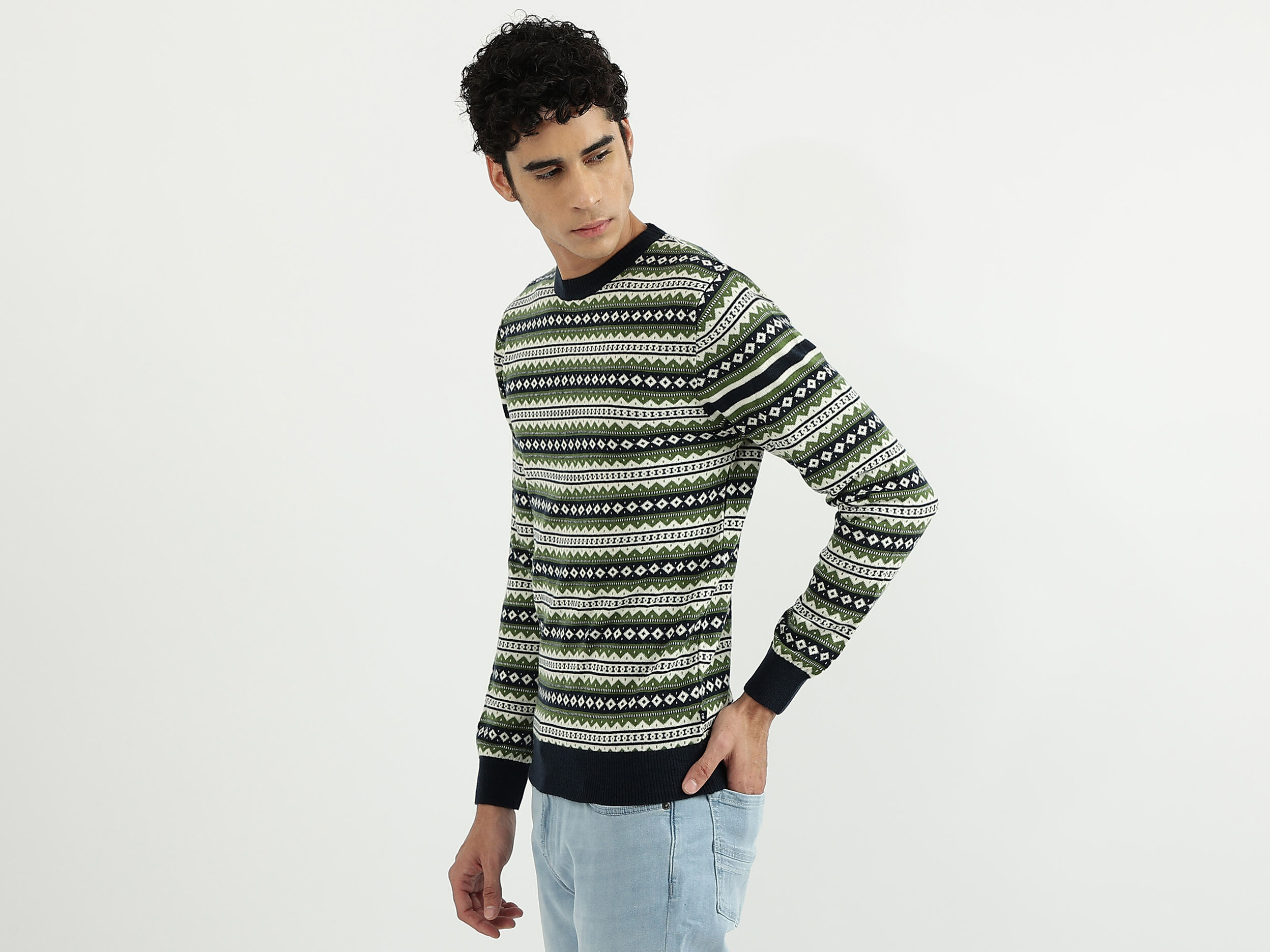 Men Patterned Round Neck Sweater - Multi-color | Benetton