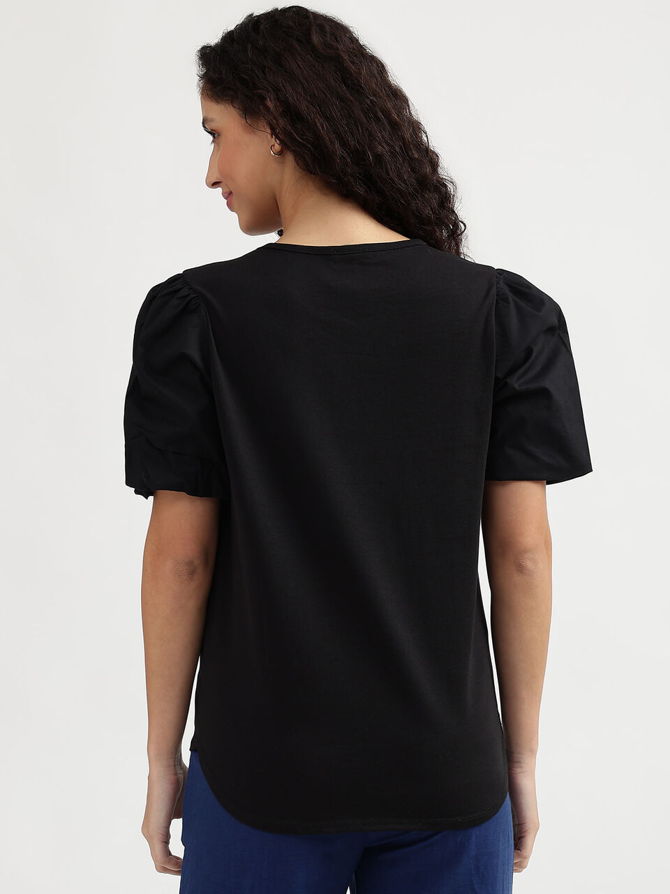 Short Sleeve Knit Woven Top With Puff Slv image number null