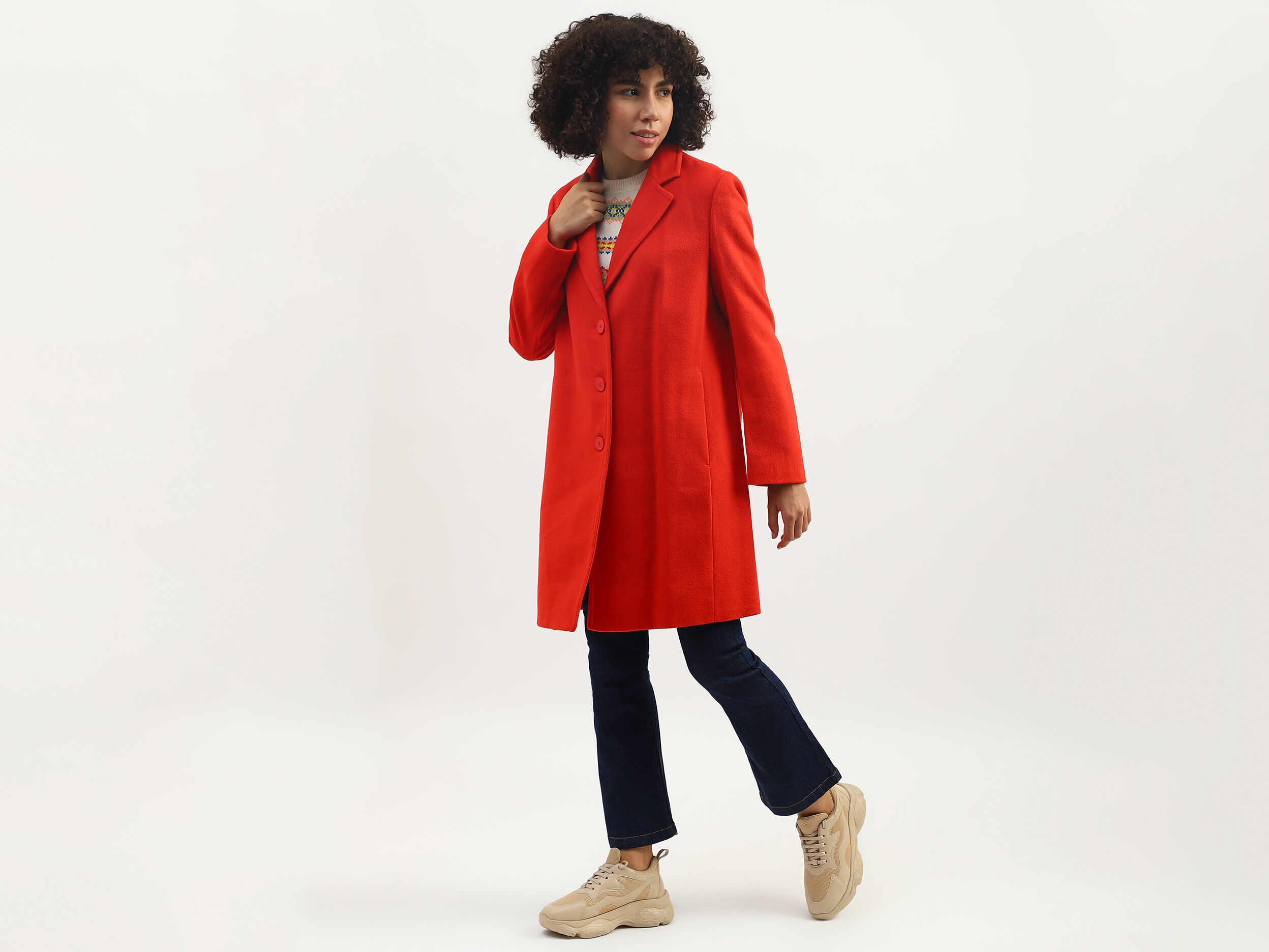 Women Solid Lapel Collar Coat Naranja Benetton