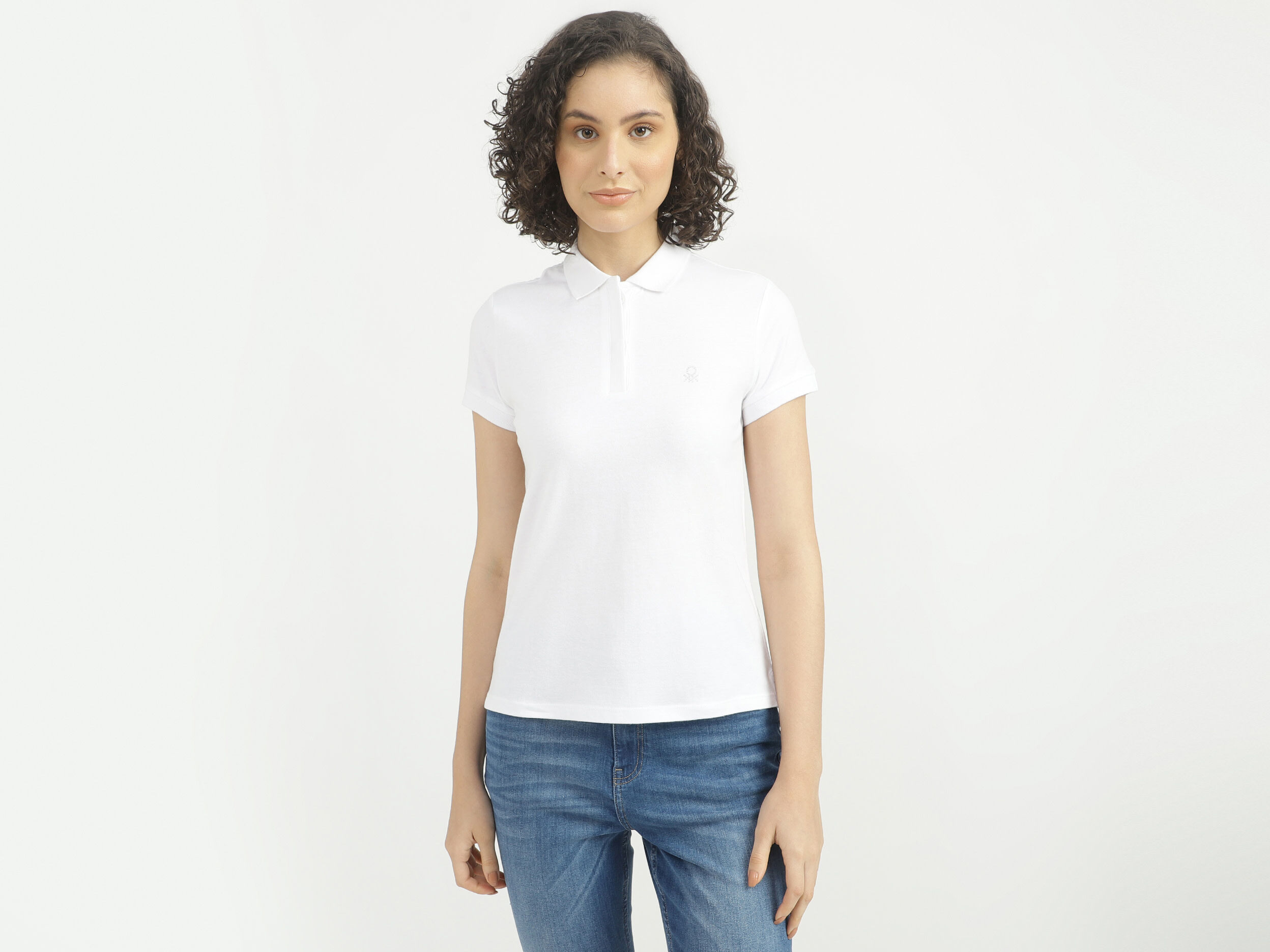 Women Solid Polo Collar T shirt Blanco Benetton