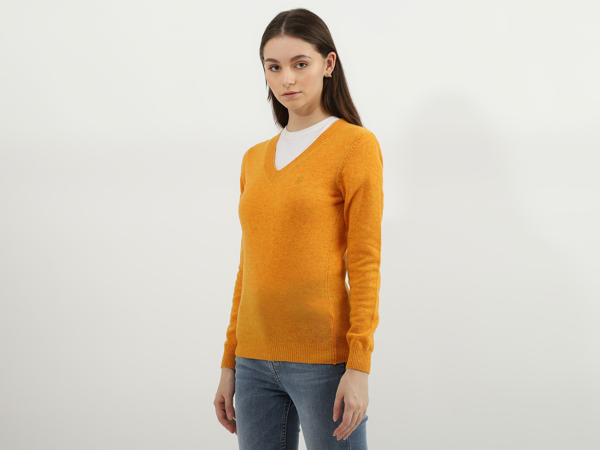Women Solid V Neck Sweater Naranja Benetton