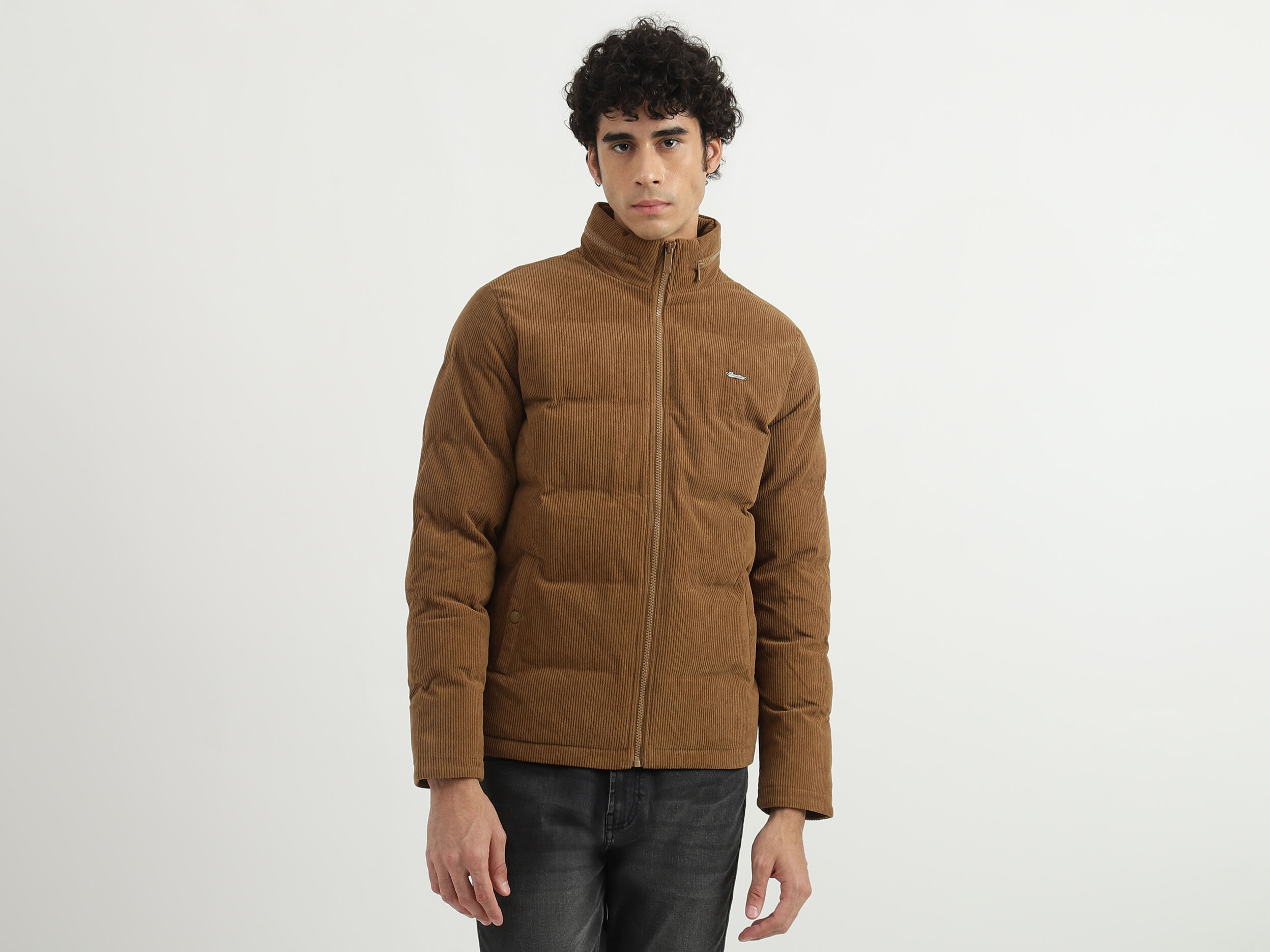 Men Ribbed High Neck Jacket Marron Benetton
