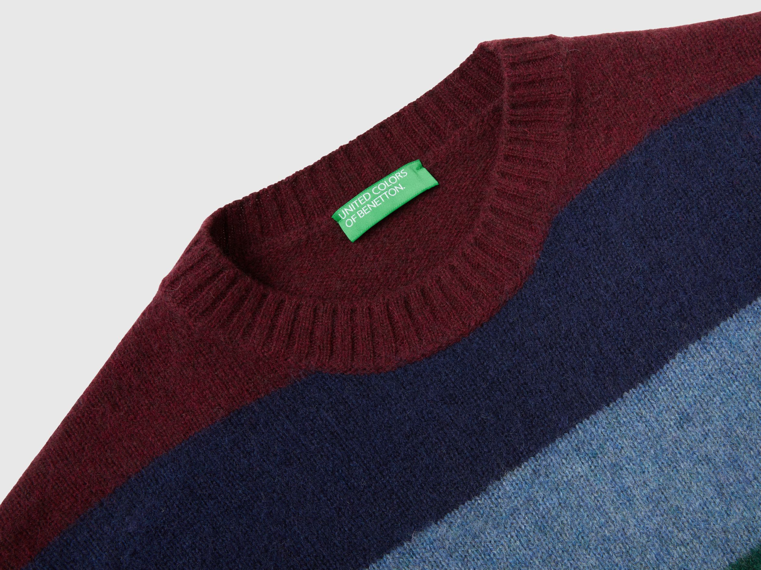 Regular Fit Ribbed Knit Hem Soft Wool Blend Crew Neck Sweater Multi color Benetton