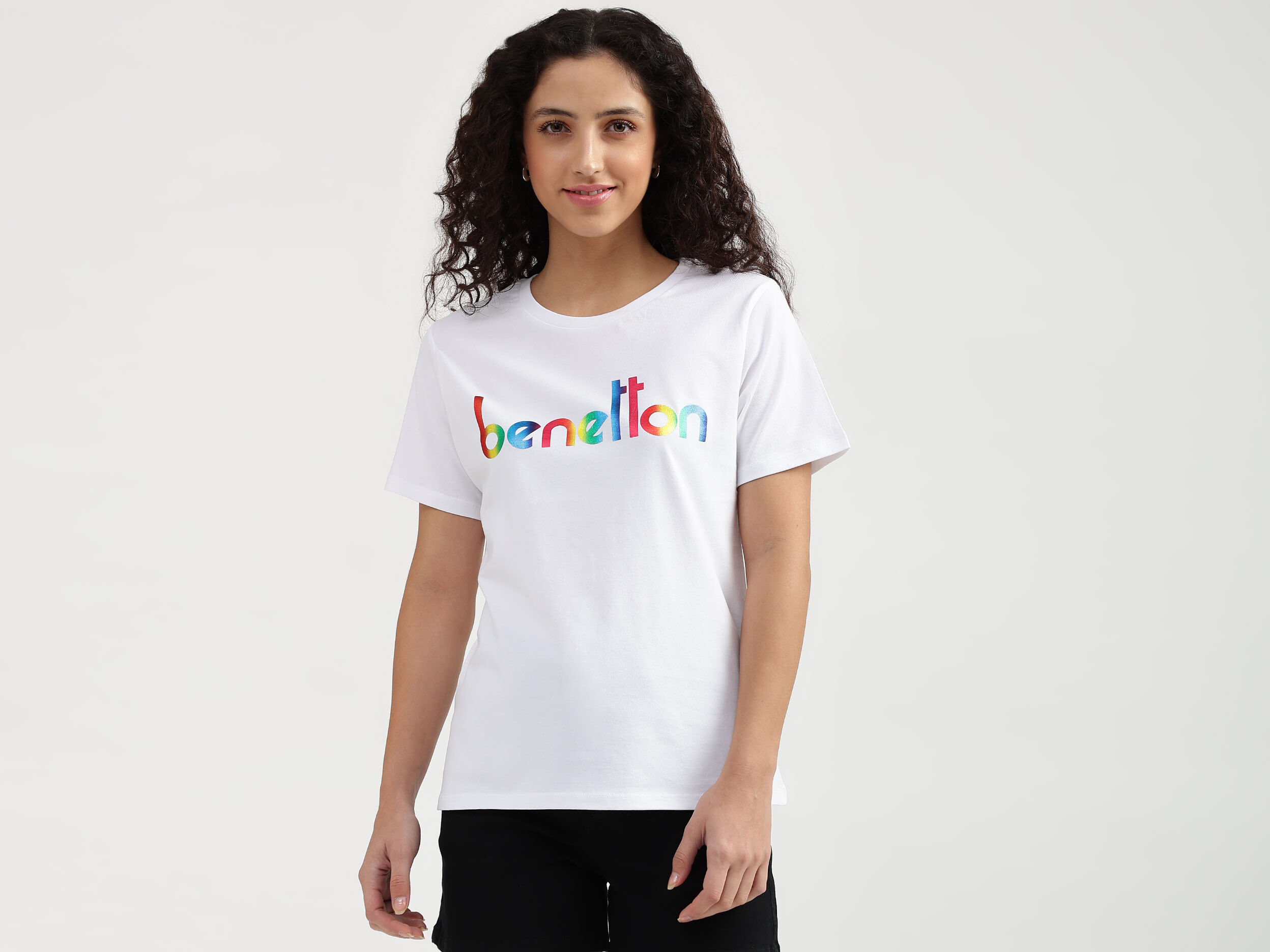 Ladies White Printed Round Neck T-Shirt - Blanco | Benetton