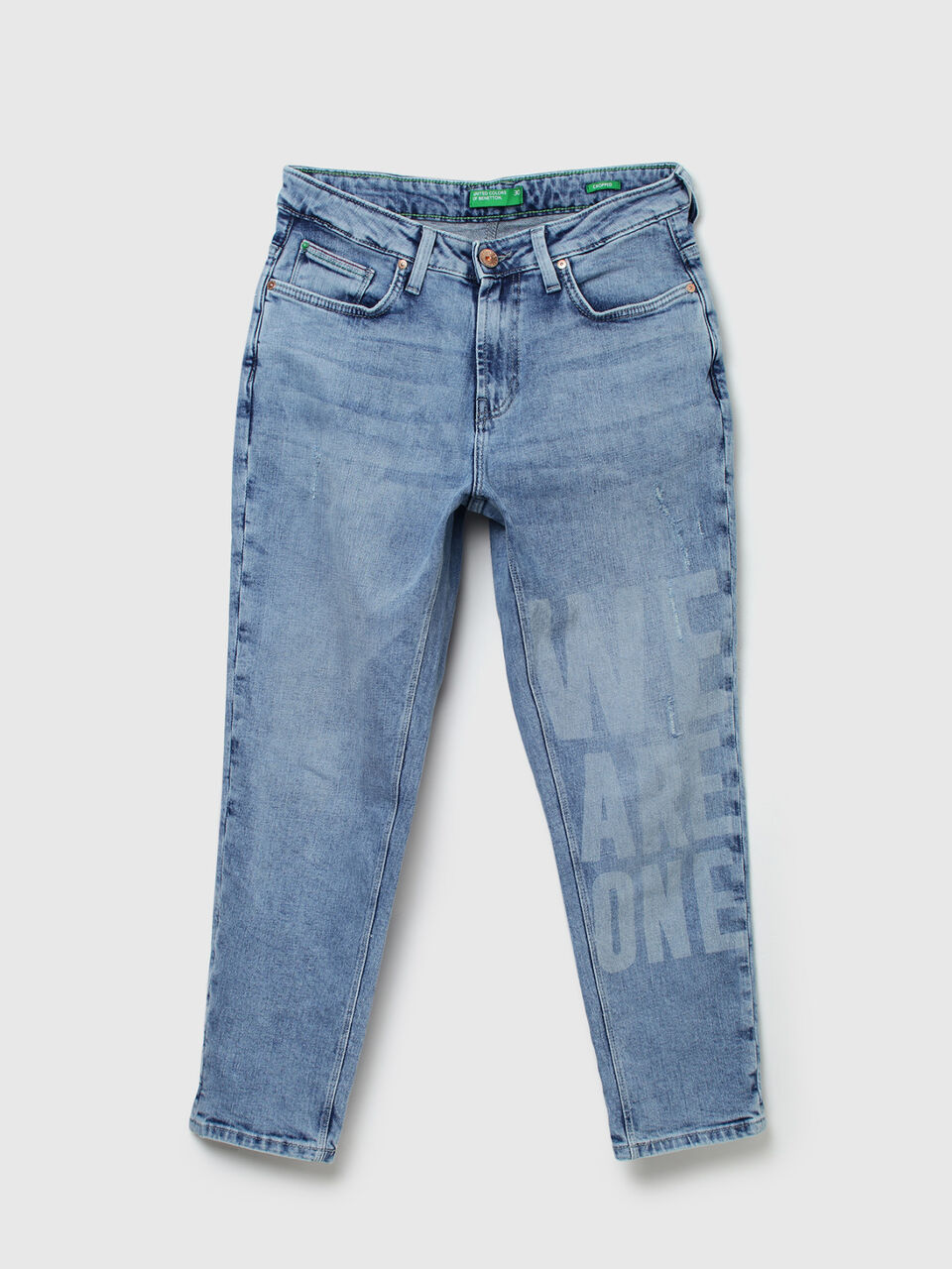 CROPPED FIT LT BLUE LASER PRINT JEANS image number 1