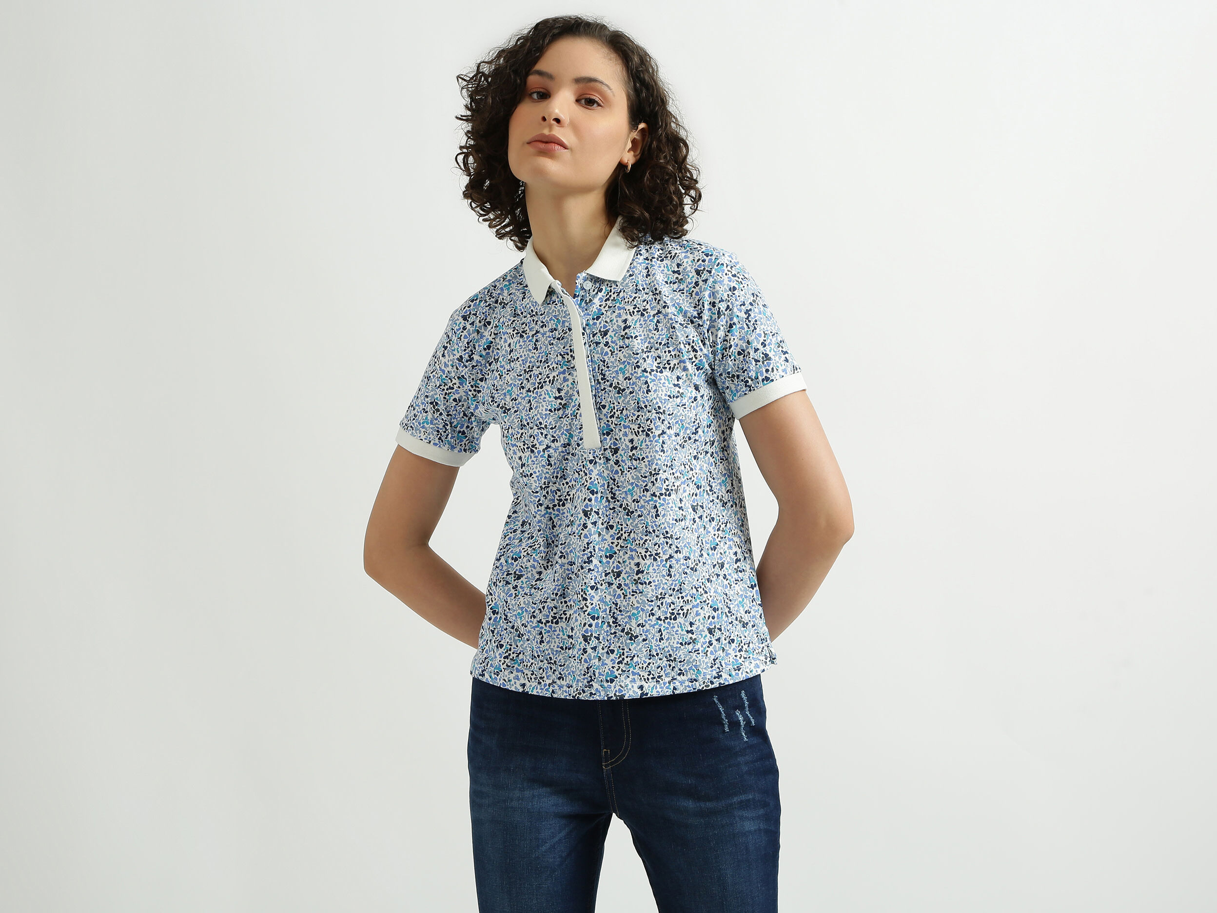 White Printed Polo T Shirt Blanco Benetton