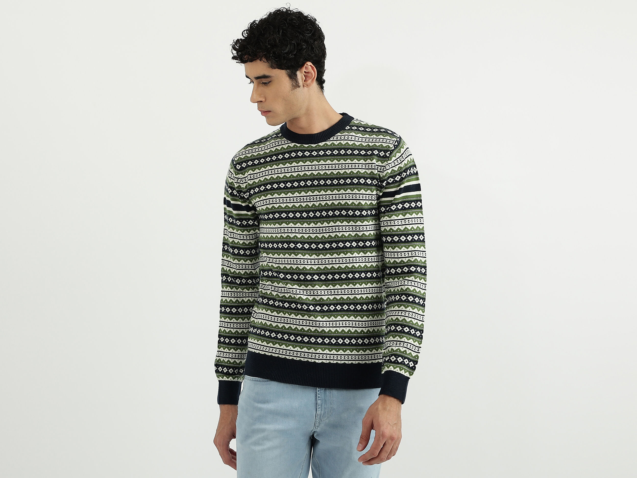 Men Patterned Round Neck Sweater Multi color Benetton