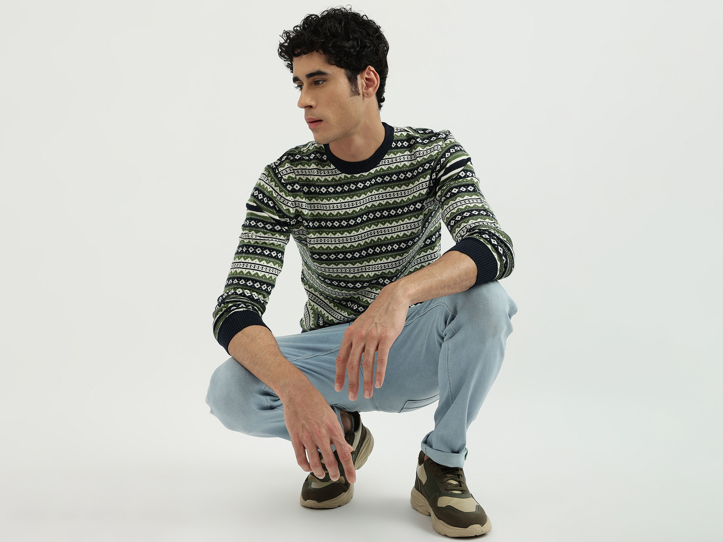 Men Patterned Round Neck Sweater - Multi-color | Benetton