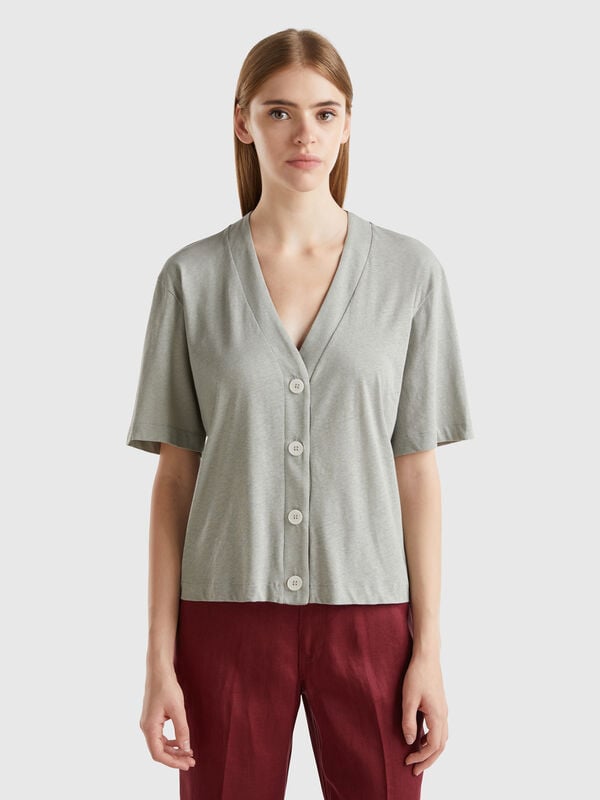 Camiseta de estilo cárdigan de lino mixto Mujer
