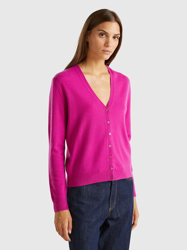 Cárdigan cuello en V fucsia ciclamen en pura lana merina Mujer