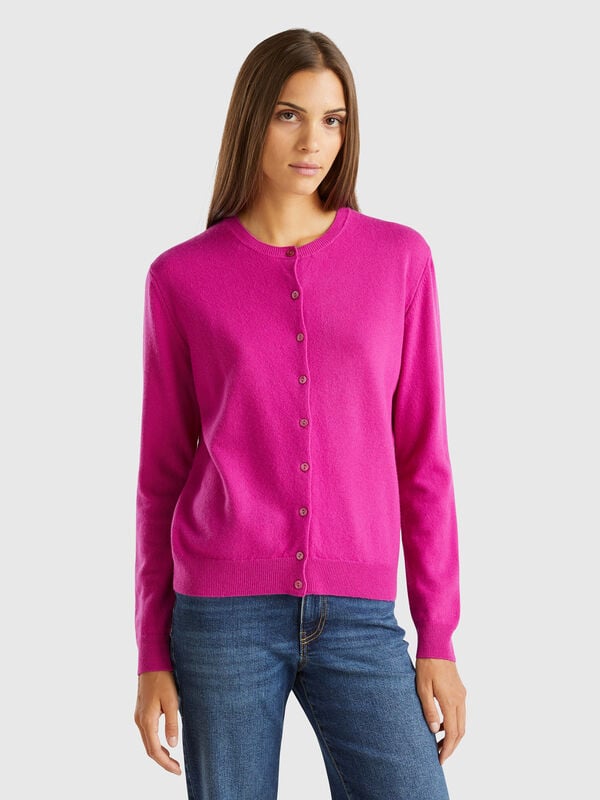 Cárdigan cuello redondo fucsia ciclamen en pura lana merina Mujer