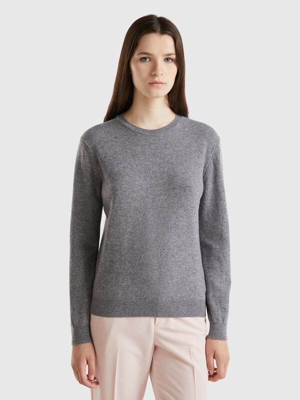 Jersey de cuello redondo gris de lana merina Mujer