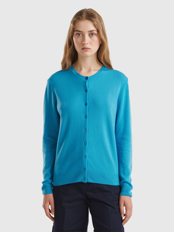Cárdigan cuello redondo azul claro en pura lana merina Mujer