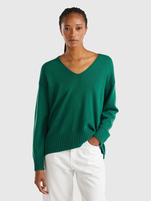Jersey de lana mixta con escote de pico Mujer
