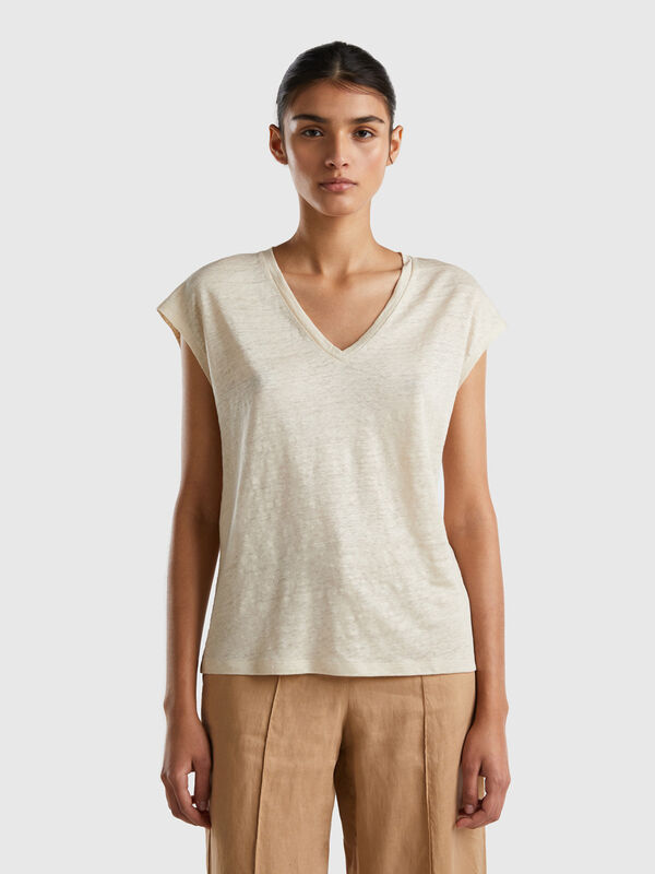 Camiseta de tirantes de 100 % lino con escote de pico Mujer