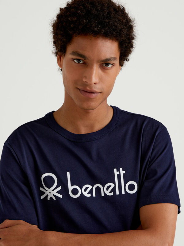 Camiseta azul de algodón orgánico con estampado de logotipo Hombre