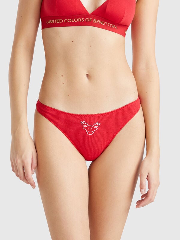 Braguita navideña roja con bordado de reno Mujer