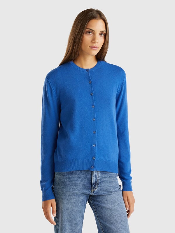 Cárdigan cuello redondo azul avio en pura lana merina Mujer