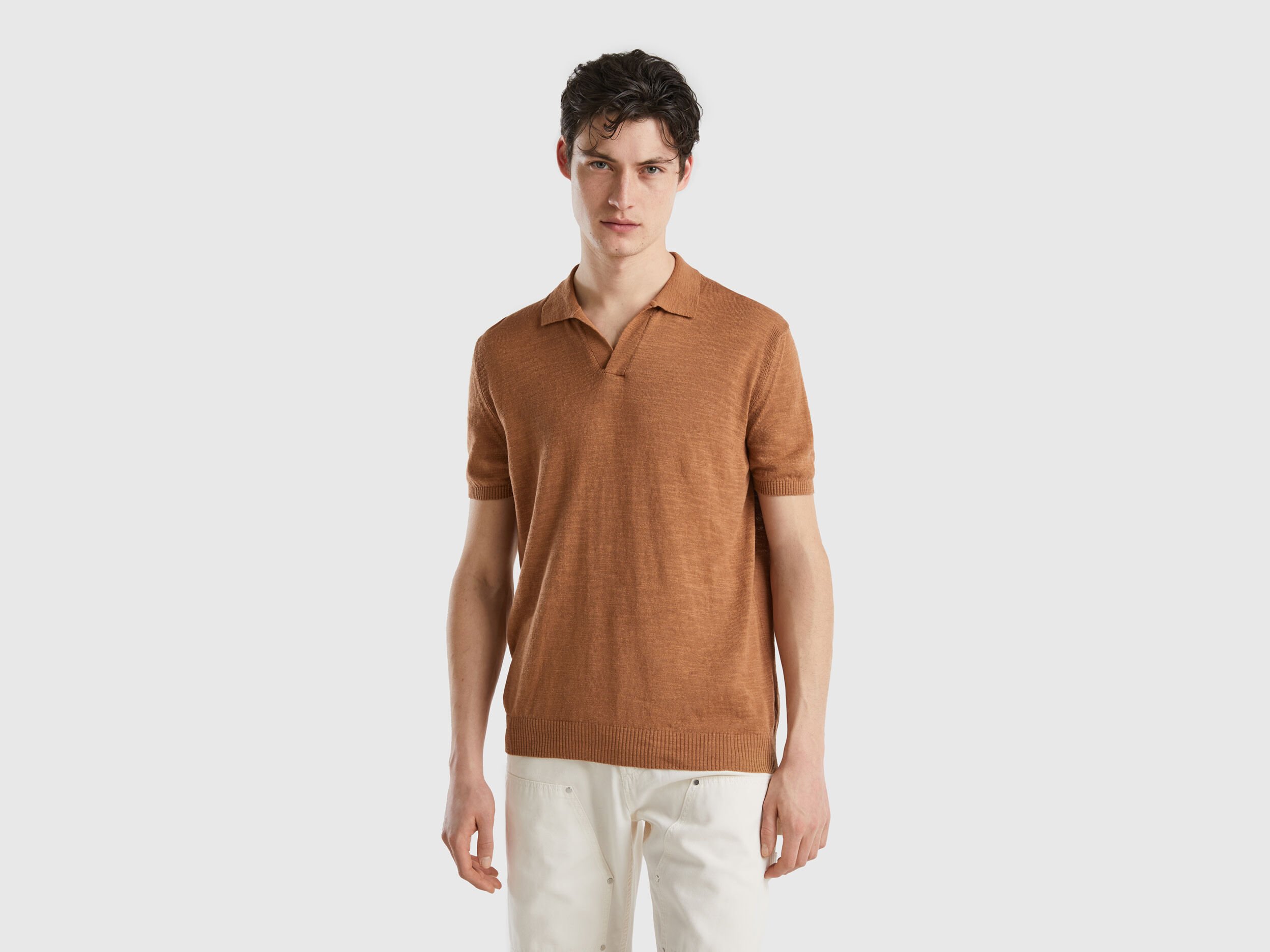 Polo de lino mixto Marr n Benetton