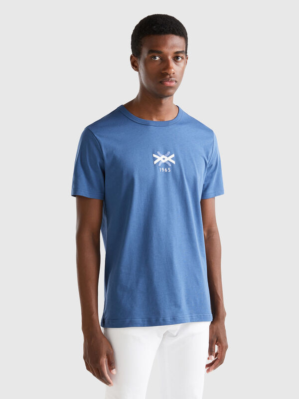 Camiseta azul de algodón orgánico con estampado de logotipo Hombre