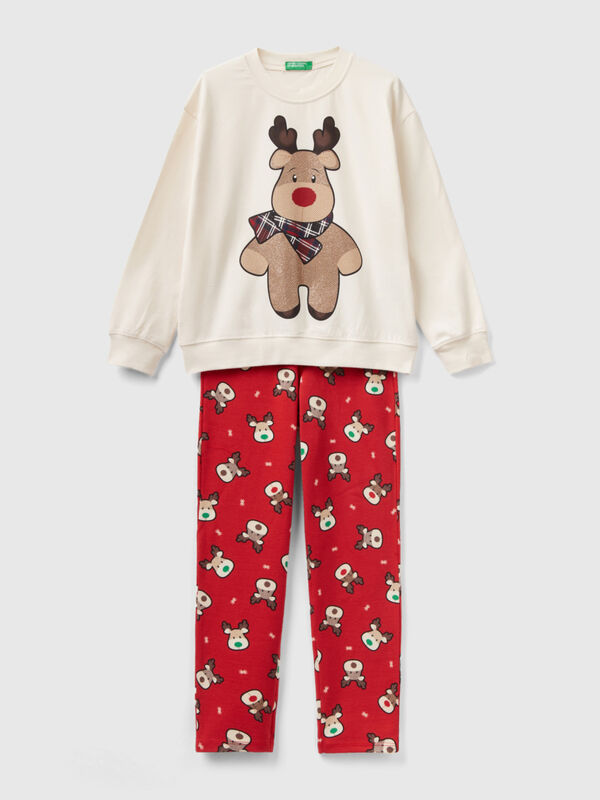 Pijama de algodón elástico con renos Niña