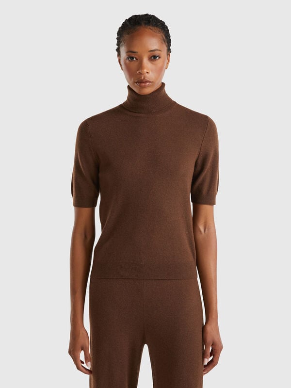 Jersey cuello alto marrón oscuro pastel de manga corta en mezcla de cachemira Mujer