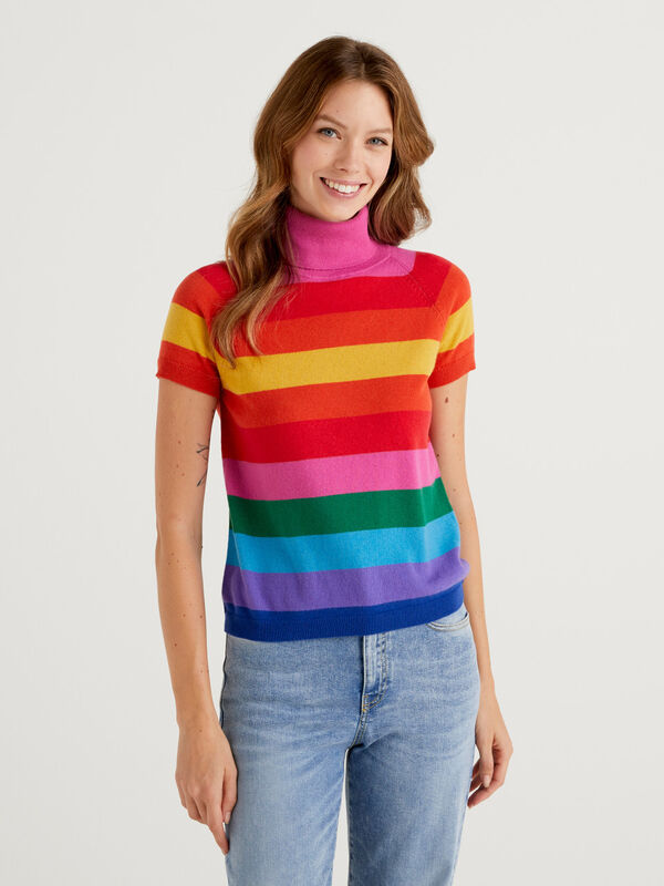 Jersey cuello alto a rayas multicolor Mujer