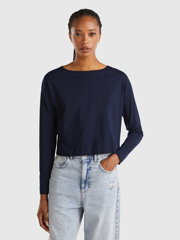 Camiseta azul oscuro de algodón de fibra larga Mujer