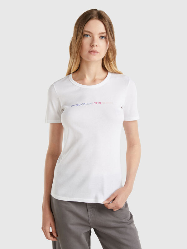 Camiseta de 100% algodón con estampado de logotipo con glitter Mujer