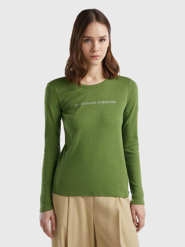 Camiseta de manga larga de 100 % algodón verde militar Mujer
