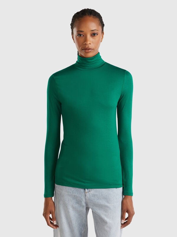 Camiseta cuello alto en viscosa stretch Mujer