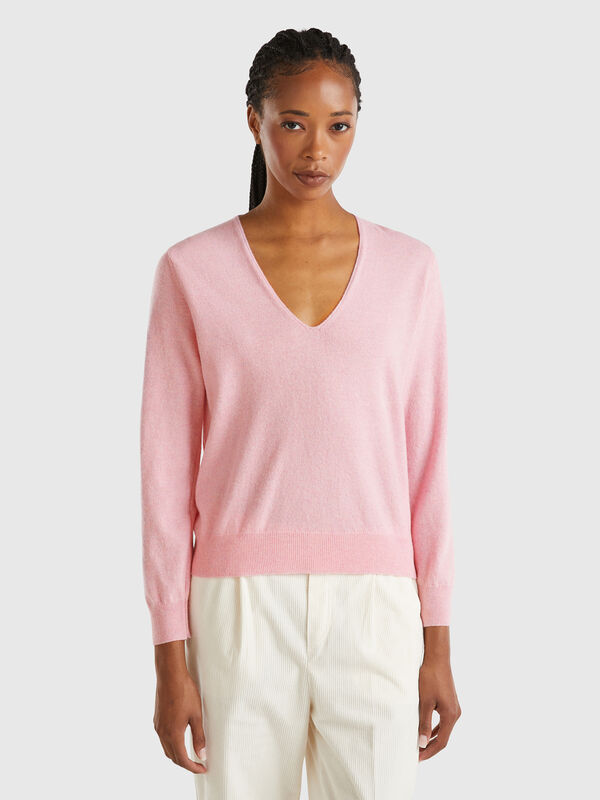 Jersey rosa jaspeado cuello en V en pura lana merina Mujer