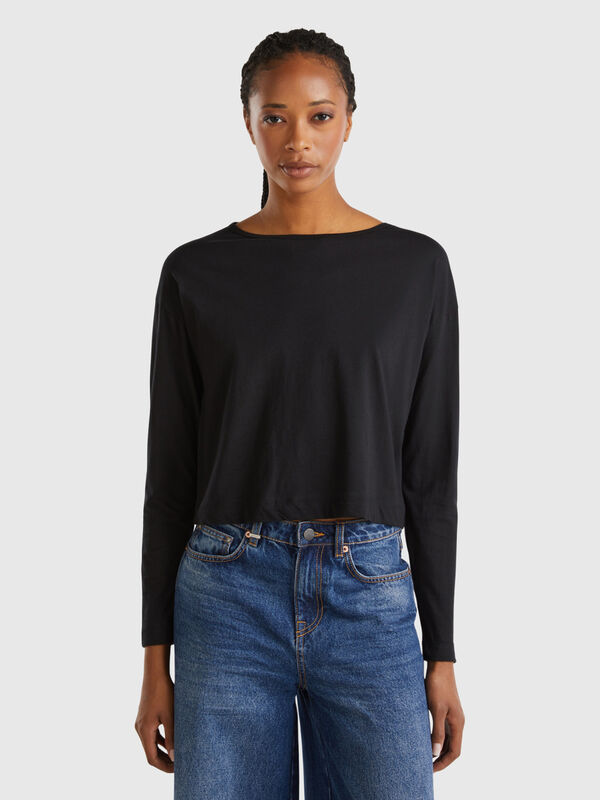 Camiseta negra de algodón de fibra larga Mujer