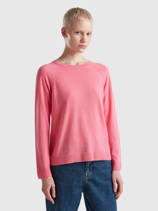 Jersey de cuello redondo rosa en mezcla de lana y cachemir Mujer