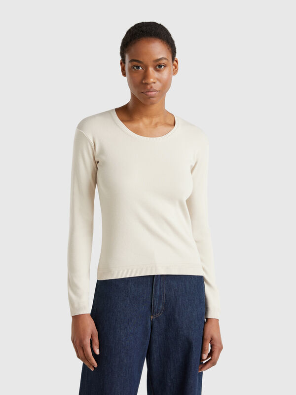 Jersey de cuello redondo beige de 100 % algodón Mujer