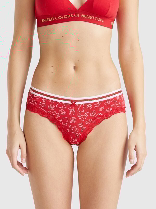 Culotte navideño con encaje Mujer