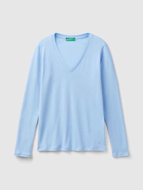 Camiseta de manga larga con escote de pico Camiseta de manga larga con escote de pico Mujer