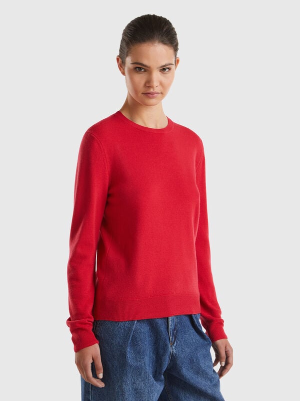 Jersey de cuello redondo rojo ciruela en pura lana merina Mujer