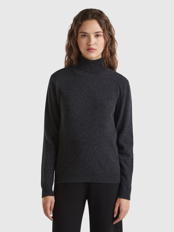 Jersey de cuello cisne antracita de pura lana Merina Mujer