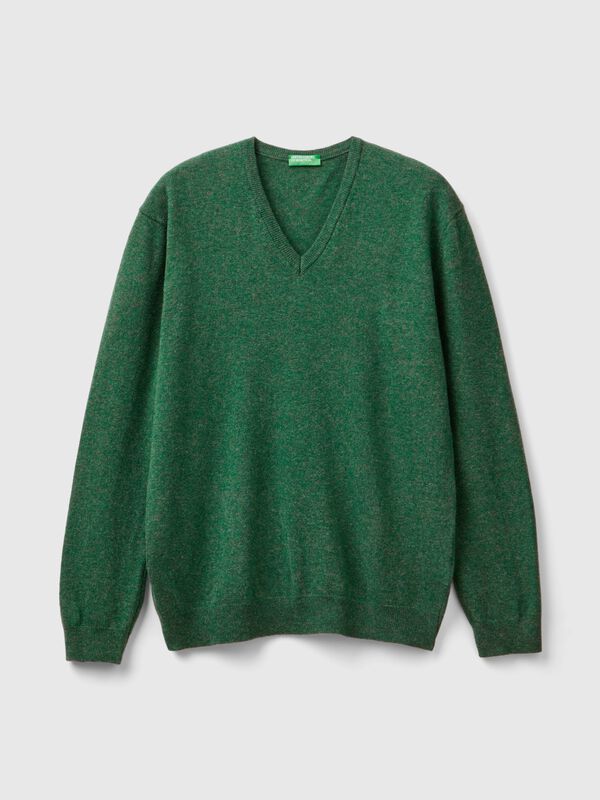 Jersey cuello en V verde jaspeado en pura lana merina Hombre