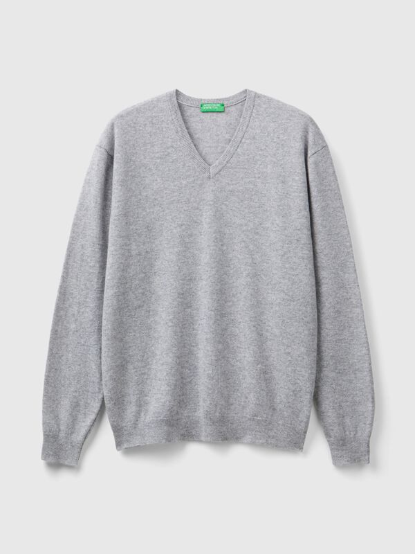 Jersey cuello en V gris jaspeado en pura lana merina Hombre