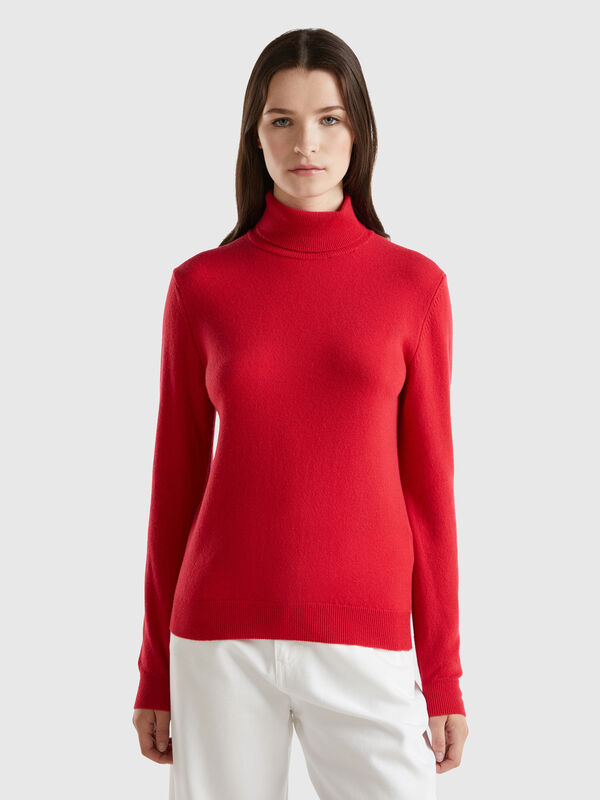 Jersey de cuello alto rojo ciruela en pura lana merina Mujer