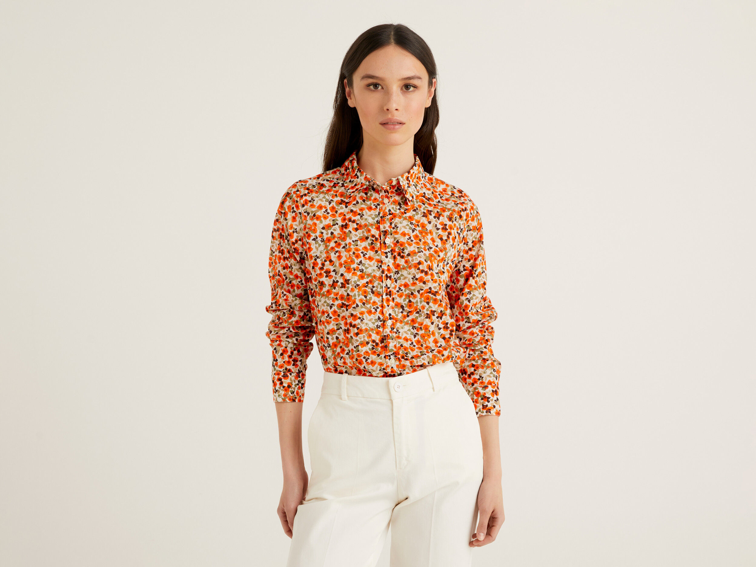 Camisa naranja de 100 algodon con estampado floral Naranja Benetton
