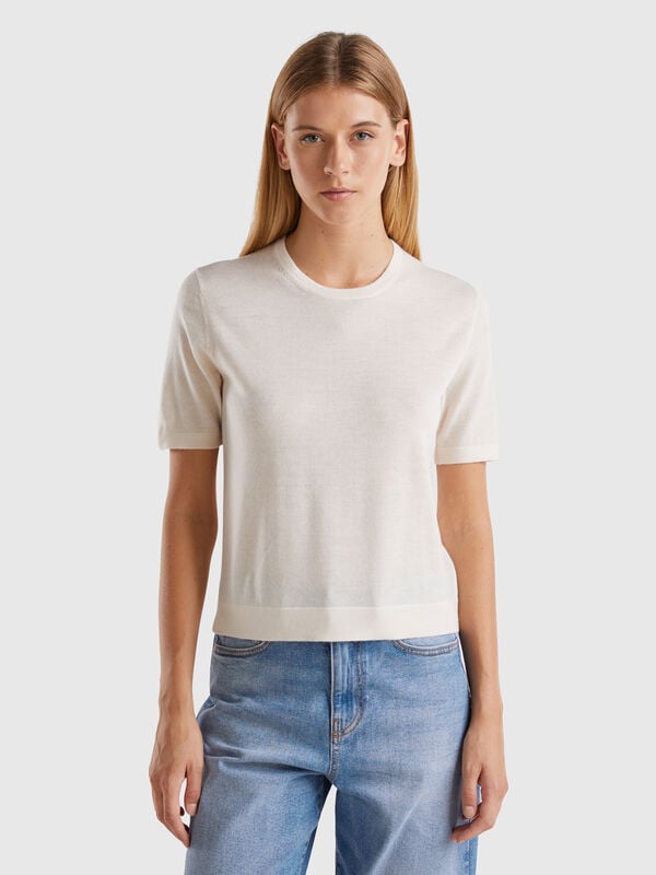 Jersey de manga corta de pura lana merina Mujer
