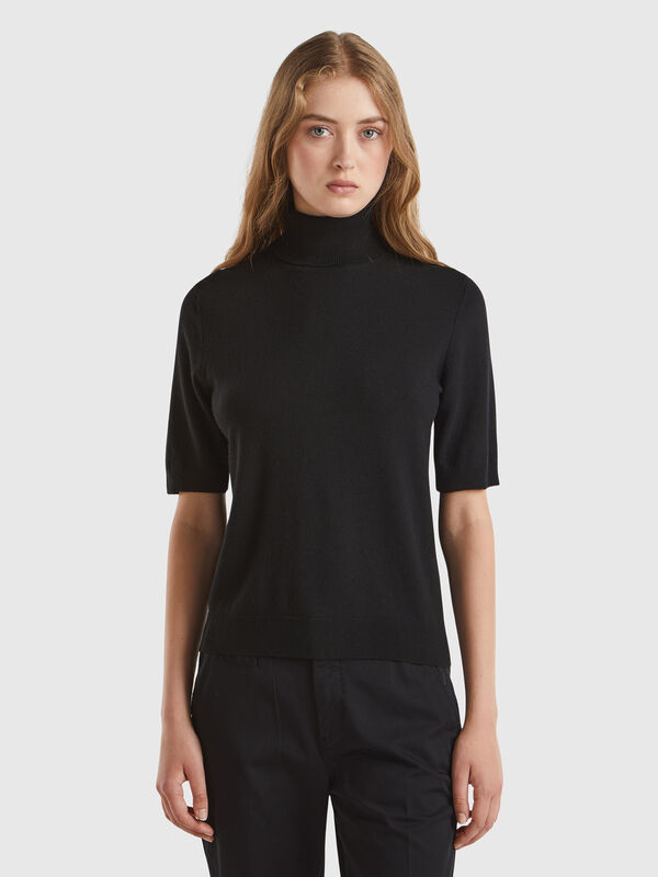 Jersey cuello alto negro de manga corta en mezcla de cachemira Mujer