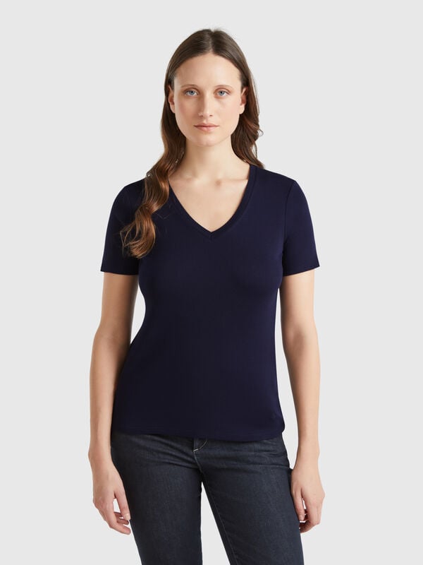Camiseta azul oscuro de algodón puro con escote de pico Mujer